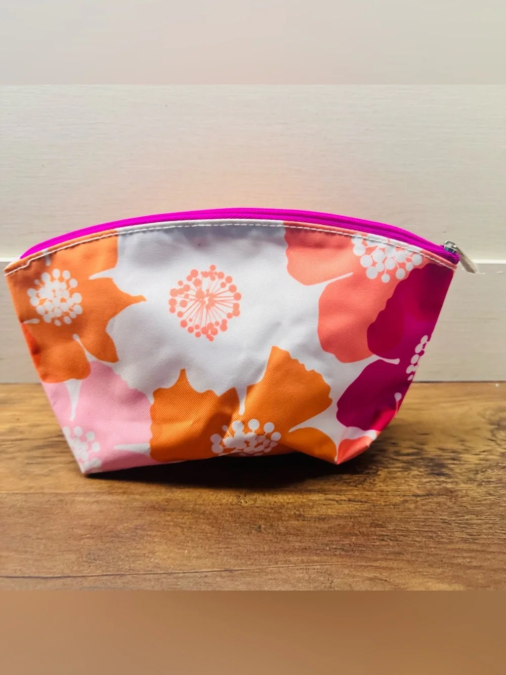 Clinique Floral Cosmetic Makeup Bag Pink Orange Magenta Zip Pouch‎ Travel